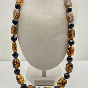 Vintage Black Beads And Faux Amber Beaded Necklace
